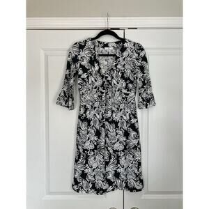 Jude Connally Womens Dress XS Black White Paisley 3/4 Sleeve Ruffle Cuff USA